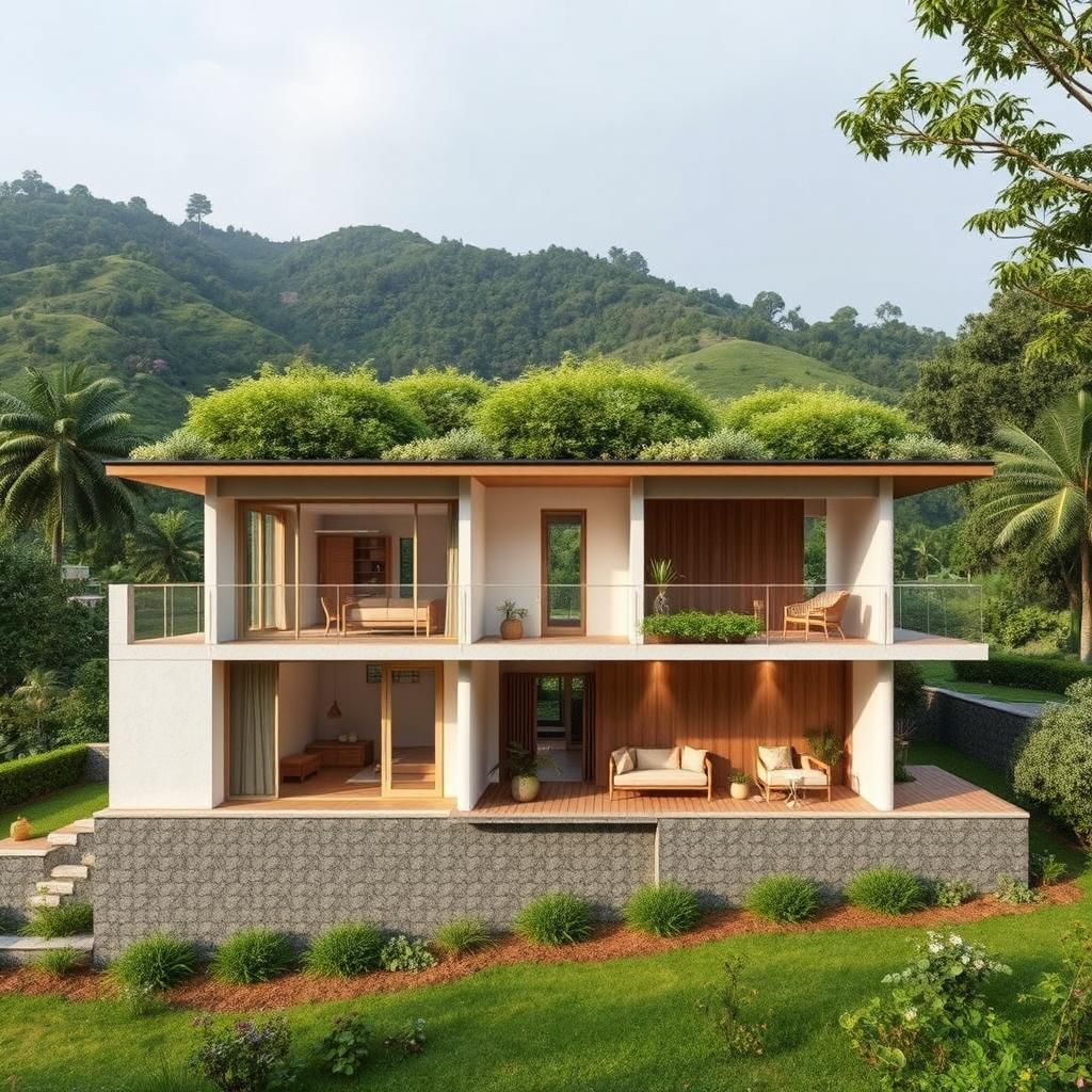 A unique architectural design showcasing the section plan of a family home situated in the hilly regions of Bangladesh