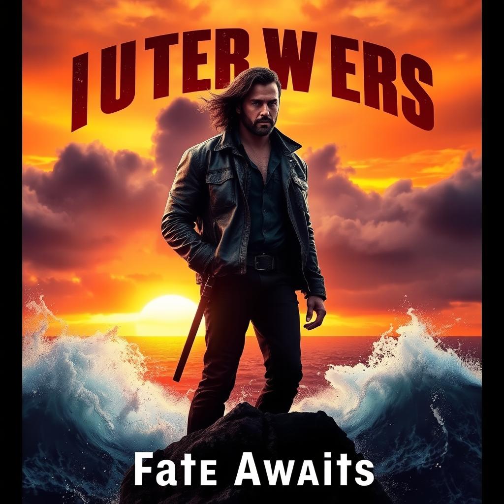 A dramatic movie poster featuring a lone hero standing on a cliff's edge against a vibrant sunset, with dark clouds gathering behind