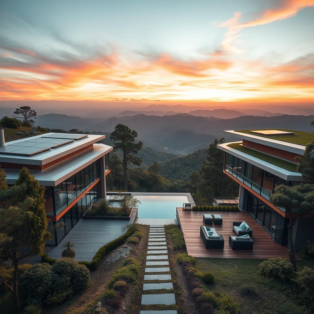 A futuristic home nestled in the hills, featuring sleek, modern architecture with large glass windows that blend seamlessly with the natural landscape