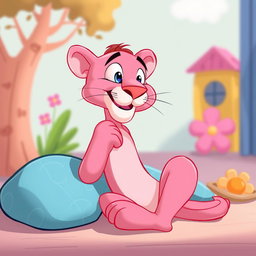 A playful pink panther sitting comfortably, indulging in a scratch on its chin with a blissful expression