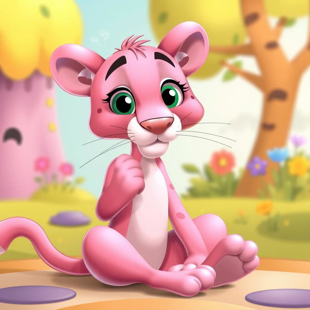 A playful pink panther sitting comfortably, indulging in a scratch on its chin with a blissful expression