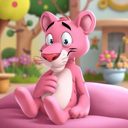 A playful pink panther sitting comfortably, indulging in a scratch on its chin with a blissful expression