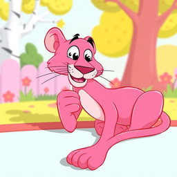 A playful pink panther sitting comfortably, indulging in a scratch on its chin with a blissful expression