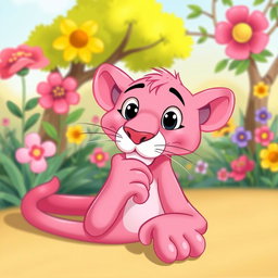 A playful pink panther lounging comfortably, scratching its chin while looking content and relaxed
