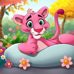 A playful pink panther lounging comfortably, scratching its chin while looking content and relaxed