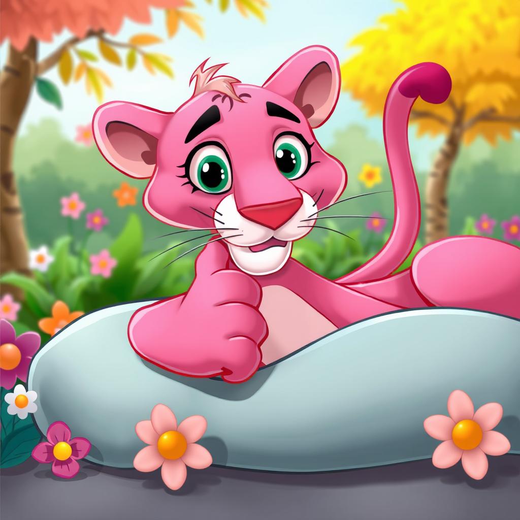 A playful pink panther lounging comfortably, scratching its chin while looking content and relaxed