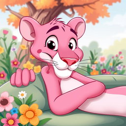 A playful pink panther lounging comfortably, scratching its chin while looking content and relaxed