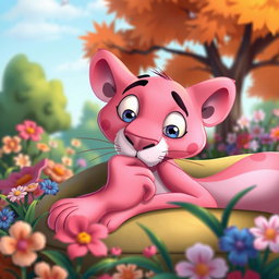 A playful pink panther lounging comfortably, scratching its chin while looking content and relaxed