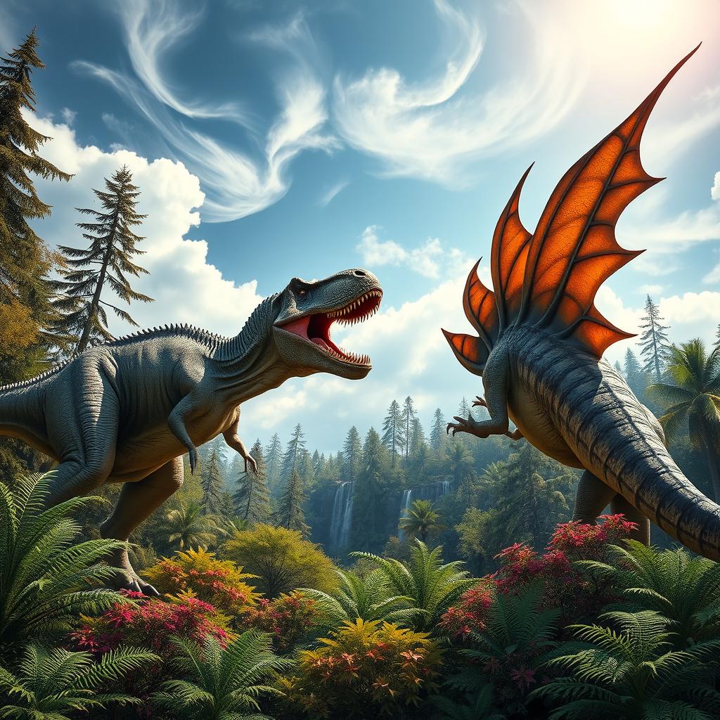 An intense confrontation between a Tyrannosaurus rex and another dinosaur, such as a Spinosaurus, in a vibrant prehistoric jungle full of ferns and huge conifer trees