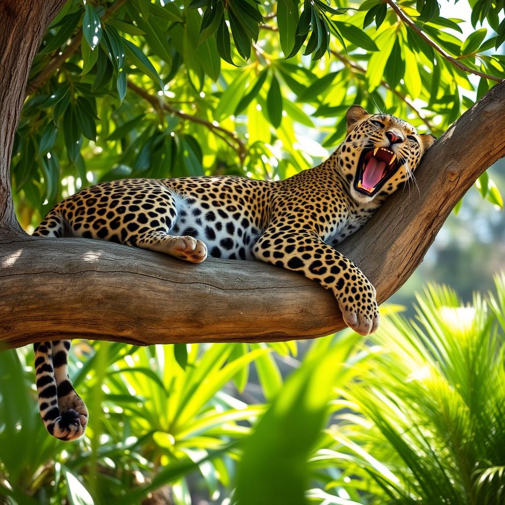 A majestic leopard lounging on a tree branch, with its body elegantly draped over the thick branch