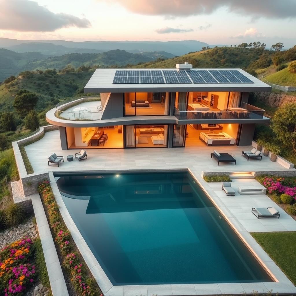 A stunning, futuristic home design situated in a picturesque hill track, seamlessly blending with the natural landscape