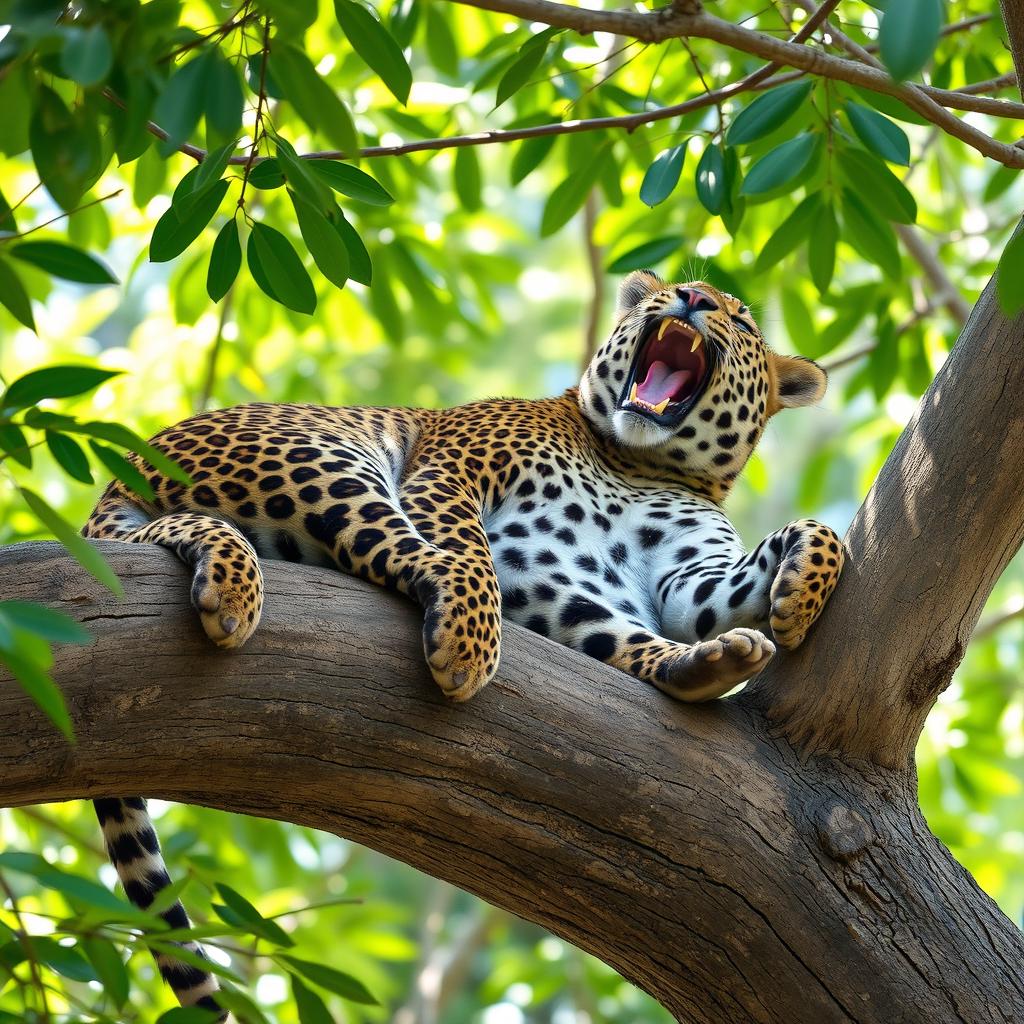 A beautiful leopard resting on a sturdy tree branch, lazily stretching its body while yawning