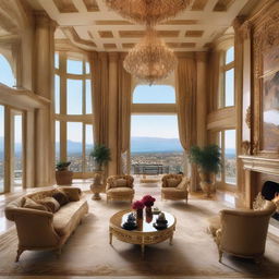 Opulent living room of a billionaire, adorned with luxurious furniture, gold accents, a grand fireplace, sumptuous rugs, magnificent artworks, and floor-to-ceiling windows with breathtaking views.