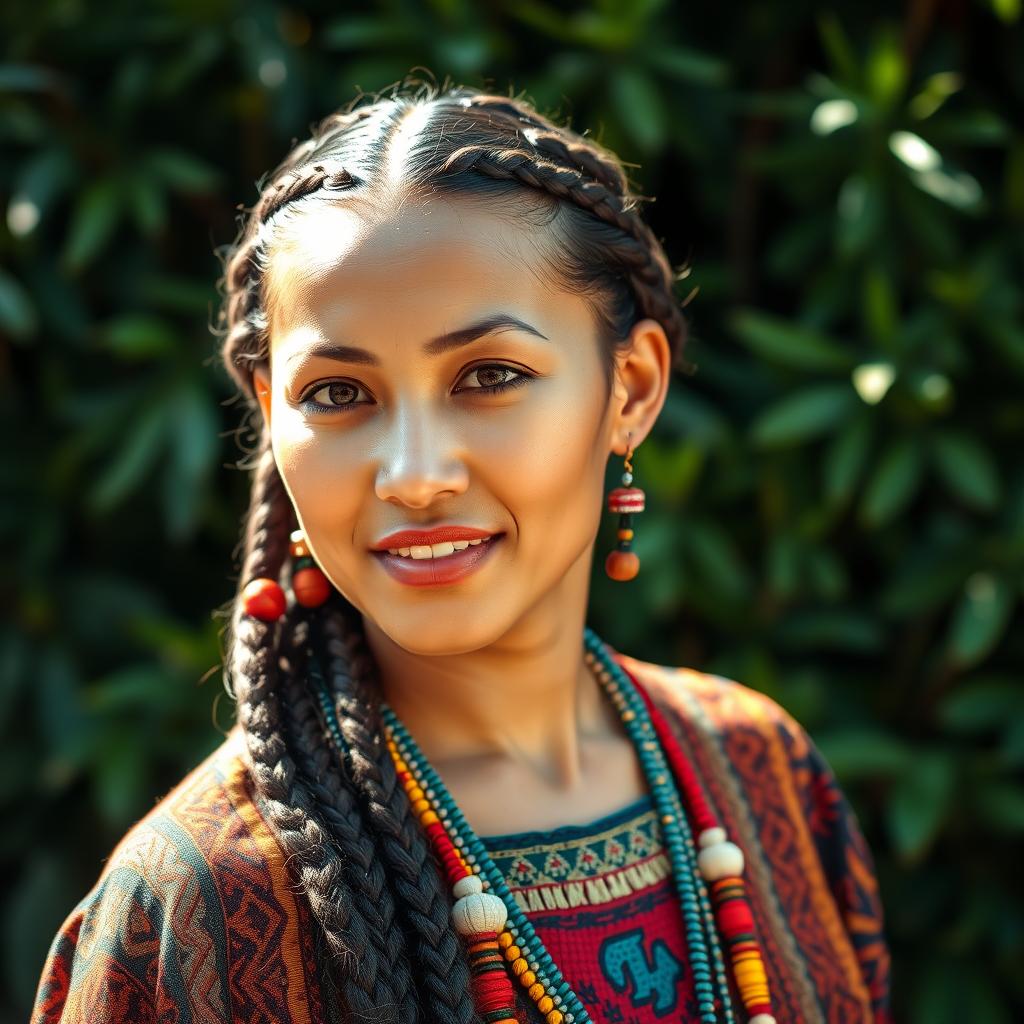A beautiful indigenous woman with intricate braids, showcasing traditional attire rich in patterns and vibrant colors