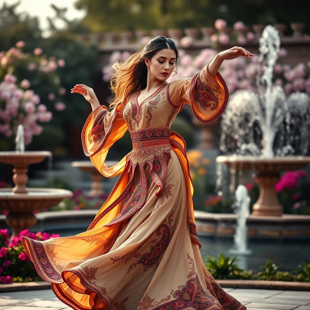 تک زدن (traditional Persian dance) featuring a graceful dancer in an ornate costume with intricate patterns, vibrant colors, and flowing fabric