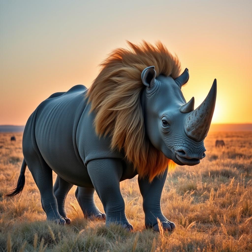 A magnificent creature that is a striking combination of a rhinoceros and a lion, showcasing the powerful body and rugged skin of a rhinoceros while possessing the majestic mane and fierce expression of a lion