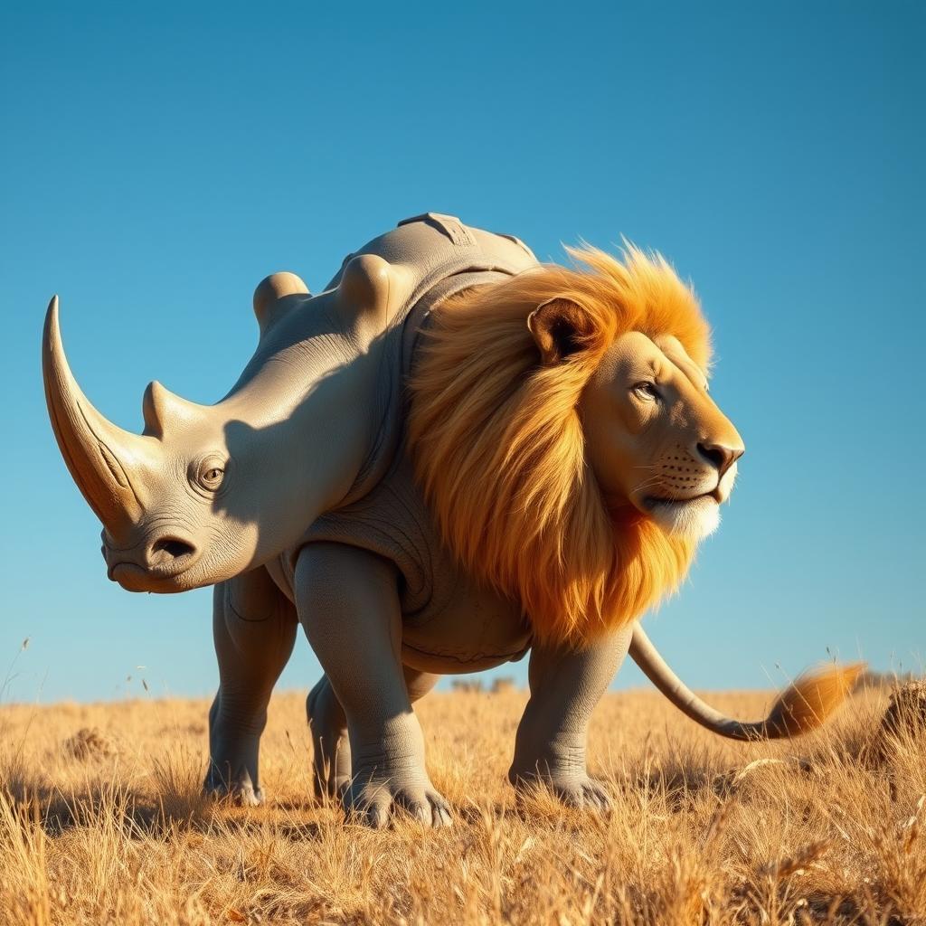An extraordinary hybrid creature that merges the powerful body and thick skin of a rhinoceros with the majestic features of a lion