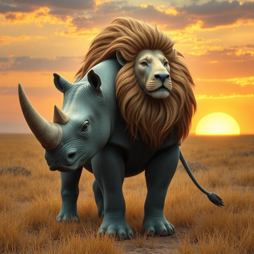A fantastical creature that combines the robust physique and thick skin of a rhinoceros with the regal features of a lion