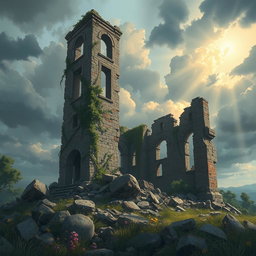 A stunning illustration of a ruined building, showcasing its crumbling walls and shattered windows