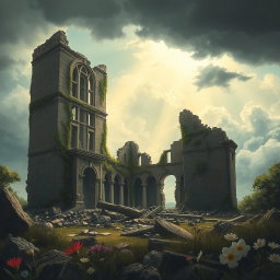 A stunning illustration of a ruined building, showcasing its crumbling walls and shattered windows