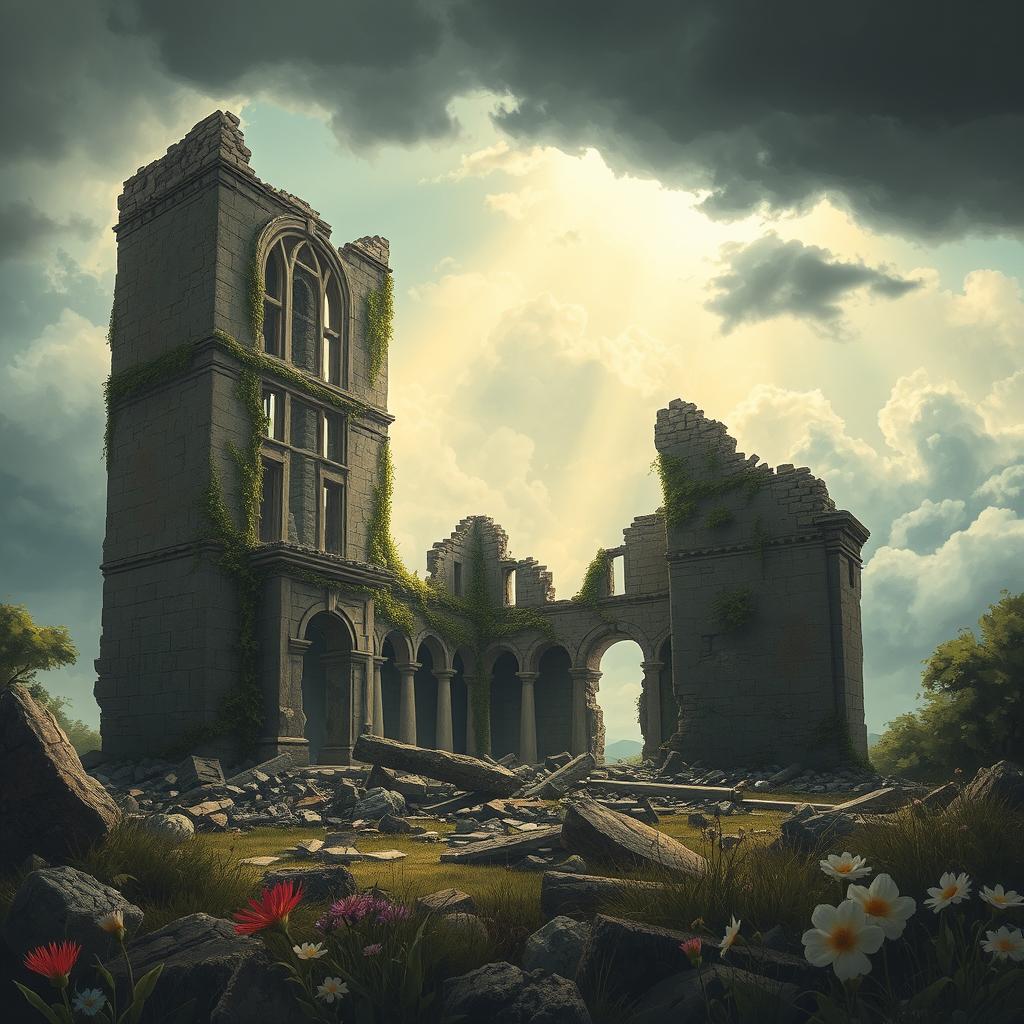 A stunning illustration of a ruined building, showcasing its crumbling walls and shattered windows