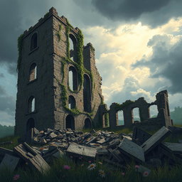 A stunning illustration of a ruined building, showcasing its crumbling walls and shattered windows