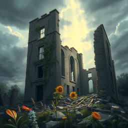 A stunning illustration of a ruined building, showcasing its crumbling walls and shattered windows