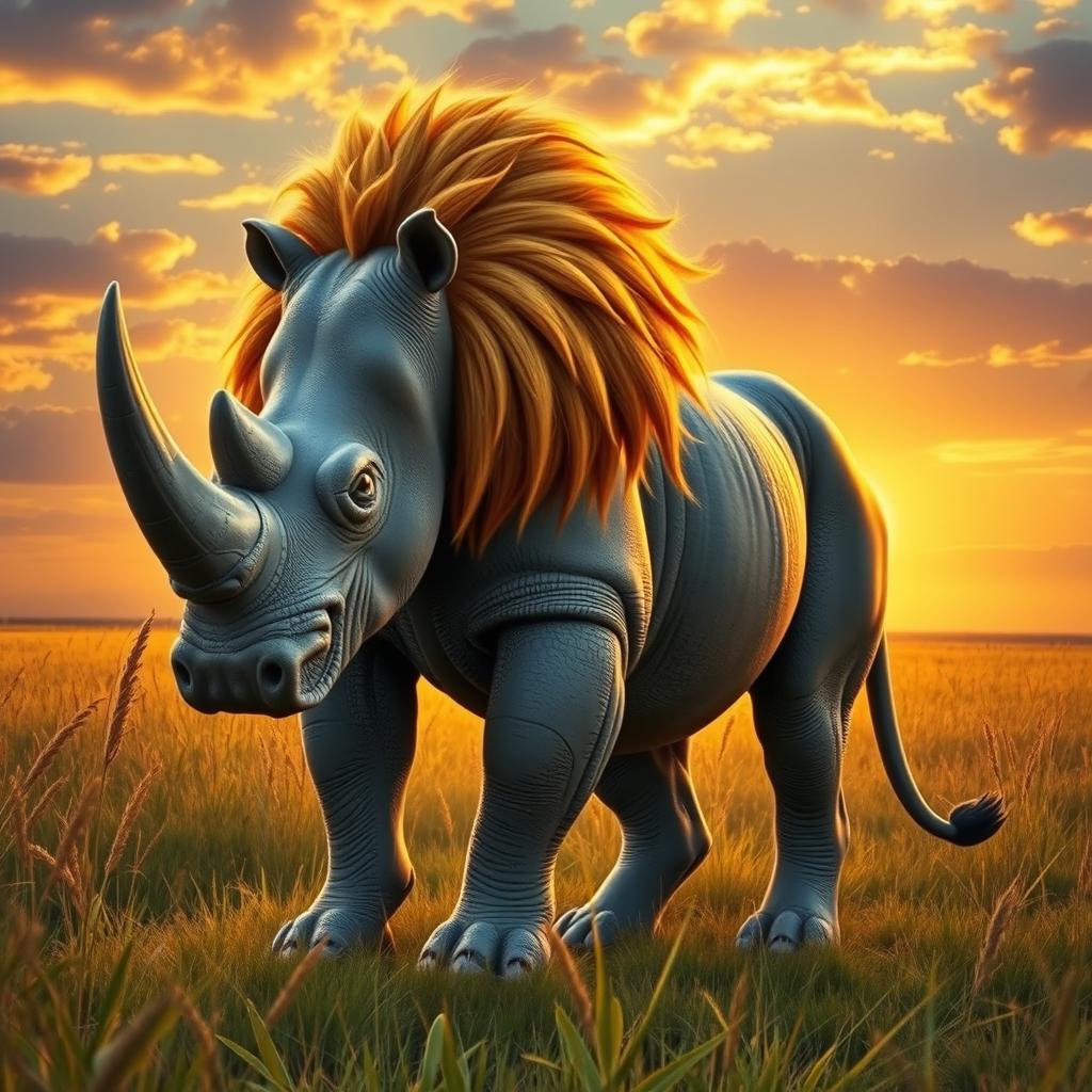 A fantastical creature representing the fusion of a rhinoceros and a lion, featuring the stocky, muscular body and tough skin of a rhinoceros, adorned with a majestic lion's mane cascading from its head