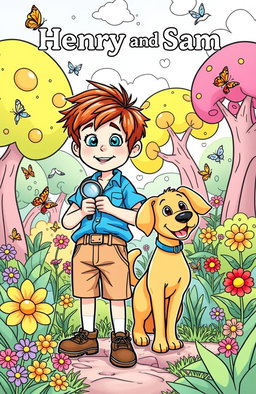A delightful coloring book page featuring two characters, Henry and Sam, in an adventurous setting