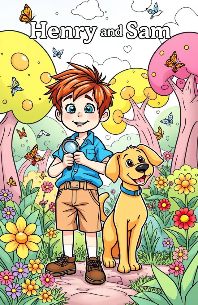 A delightful coloring book page featuring two characters, Henry and Sam, in an adventurous setting