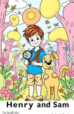 A delightful coloring book page featuring two characters, Henry and Sam, in an adventurous setting