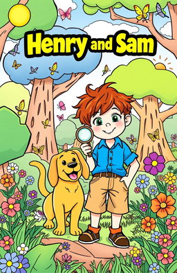 A delightful coloring book page featuring two characters, Henry and Sam, in an adventurous setting