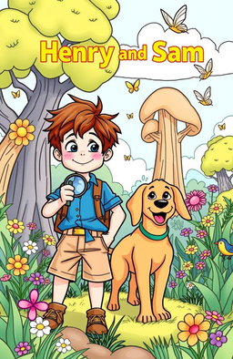 A delightful coloring book page featuring two characters, Henry and Sam, in an adventurous setting
