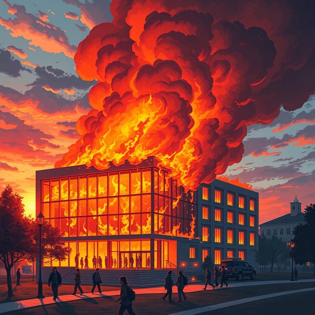 An intense illustration of a university building engulfed in flames during a dramatic sunset, smoke billowing into the sky