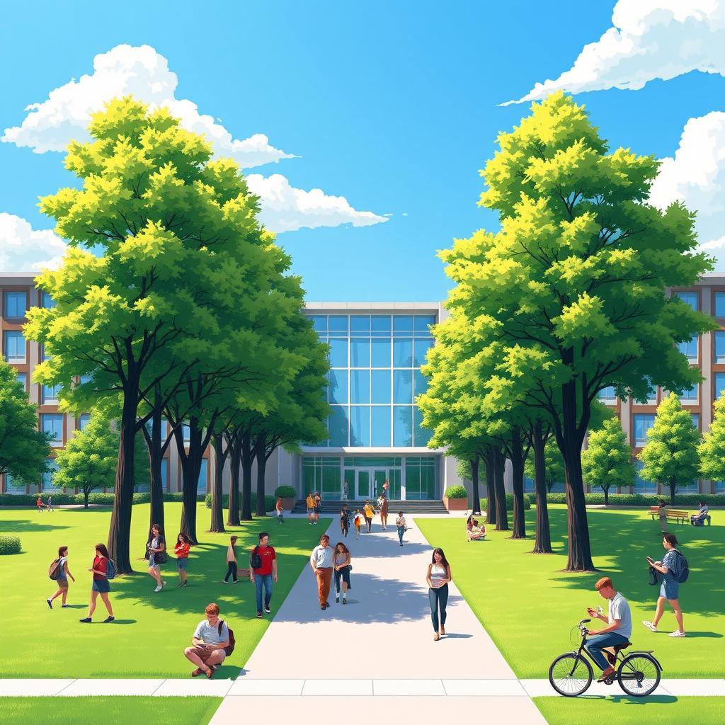 An illustration of a vibrant university campus building under a bright, clear blue sky