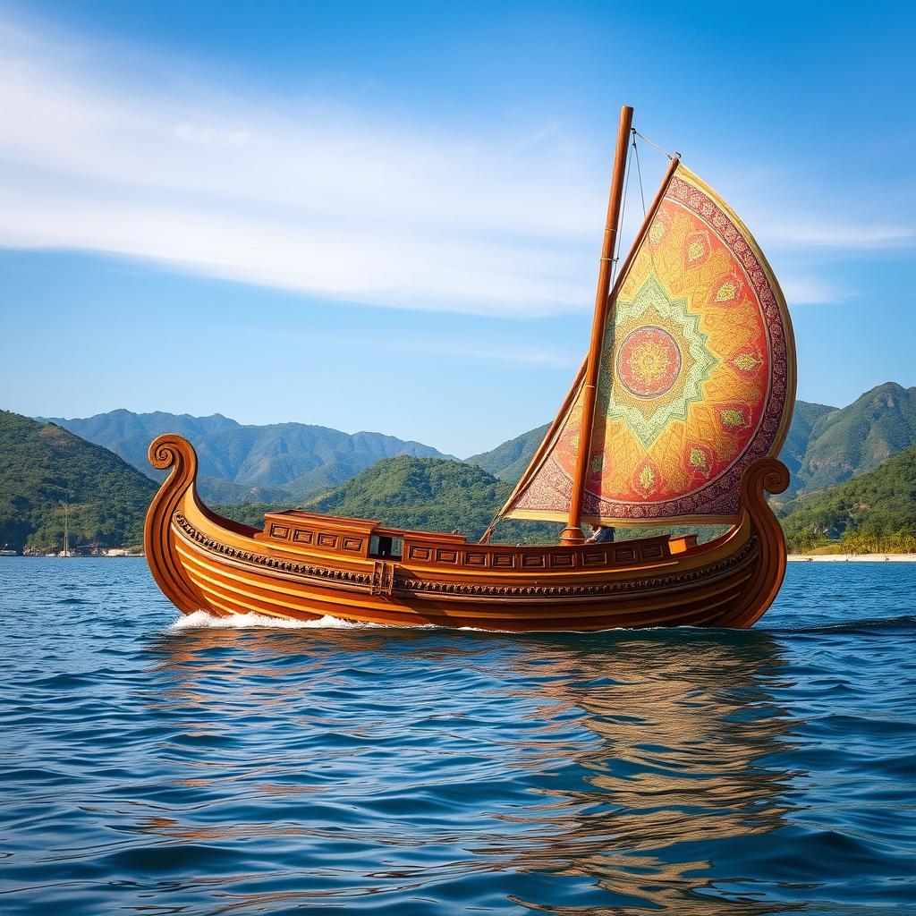 A traditional Iranian boat, known as a 'keshti', beautifully crafted with intricate wood carvings and vivid colors