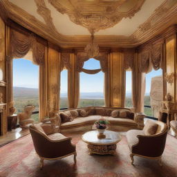 Opulent living room of a billionaire, adorned with luxurious furniture, gold accents, a grand fireplace, sumptuous rugs, magnificent artworks, and floor-to-ceiling windows with breathtaking views.