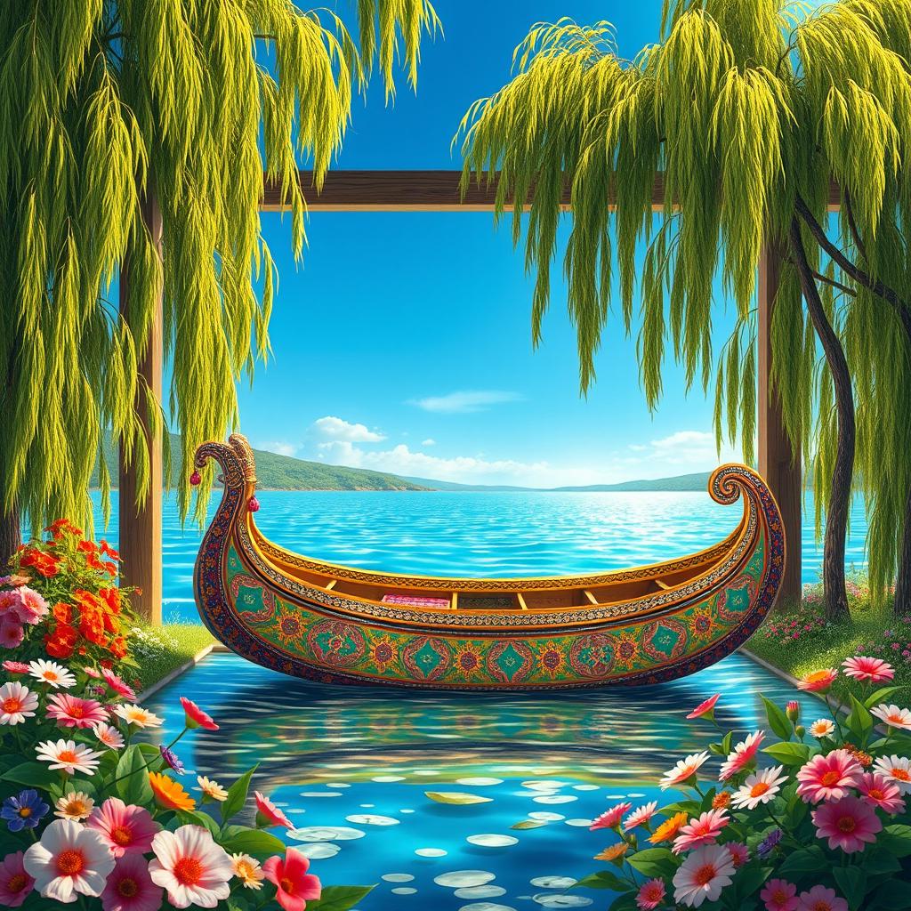 A traditional Persian scene depicting the Keshti Hozrat Noh, an ornate Persian boat reflecting deep cultural significance, surrounded by lush gardens with vibrant flowers under a bright blue sky