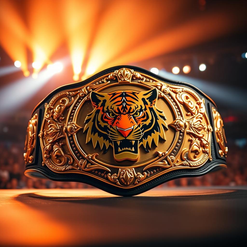A stunning golden wrestling belt with a vivid tiger emblem prominently displayed at its center