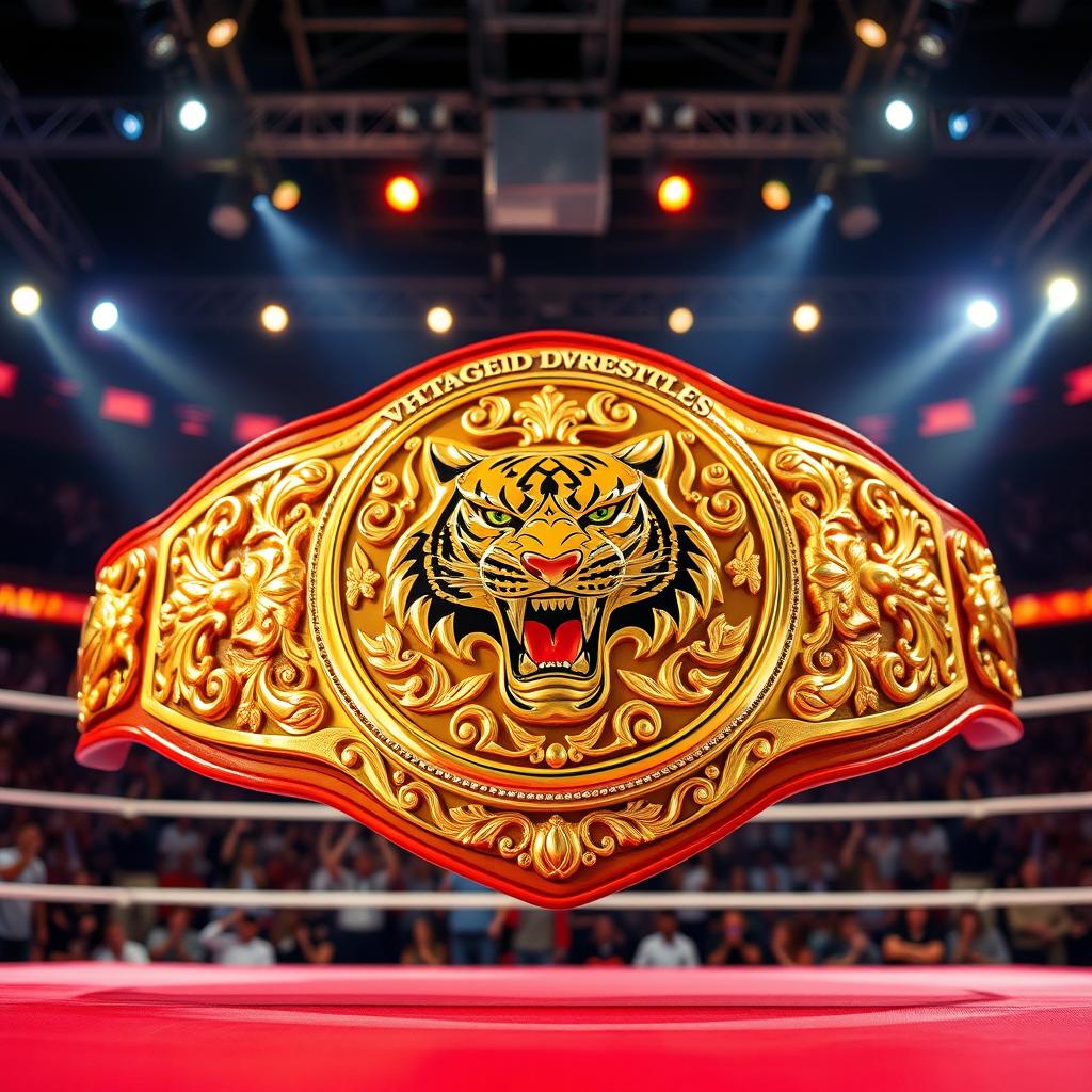 A magnificent golden wrestling belt featuring a fierce tiger emblem at the center