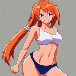 A high-quality digital art piece featuring Nami, a character from One Piece, in a confident and enticing pose