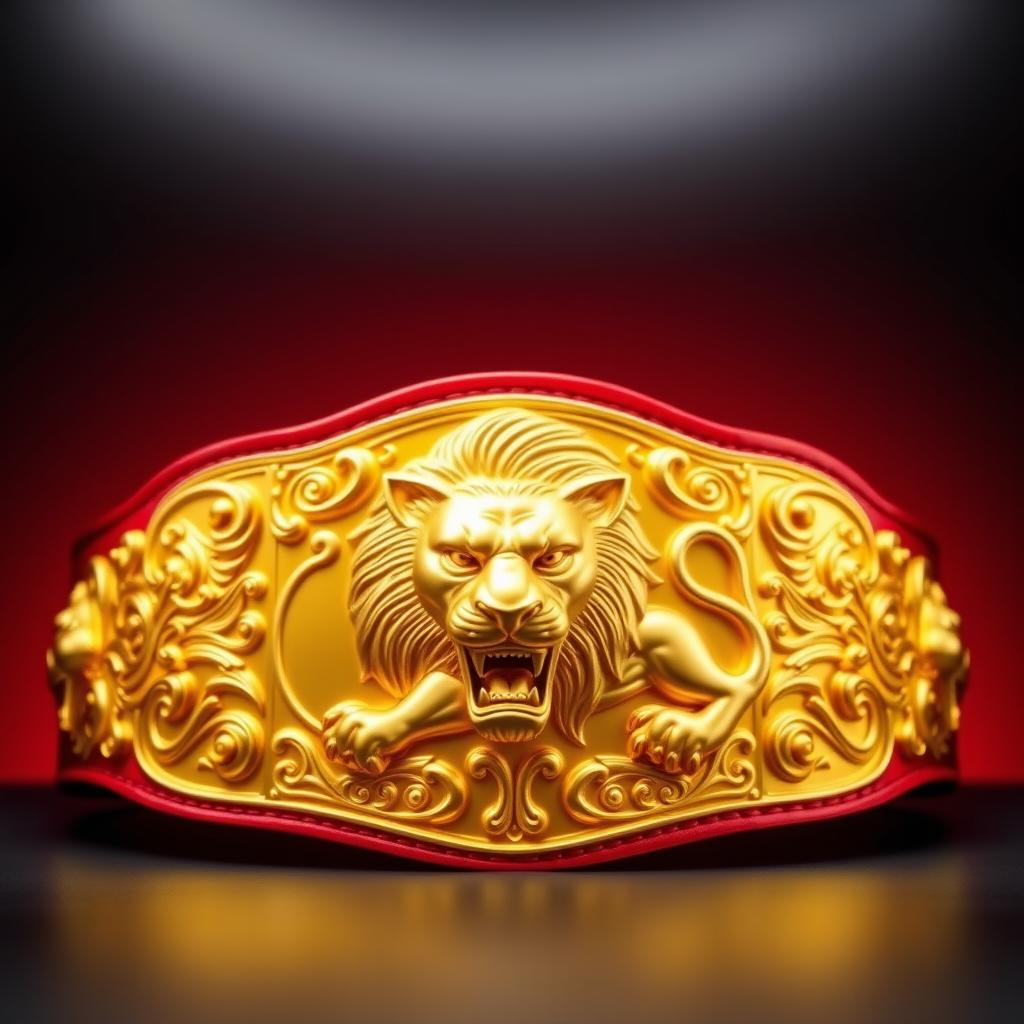 A wrestling belt featuring a fierce lion design, predominantly in a golden color