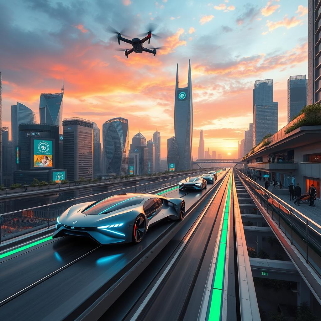 A futuristic cityscape filled with sleek, advanced cars gliding effortlessly on suspended roadways