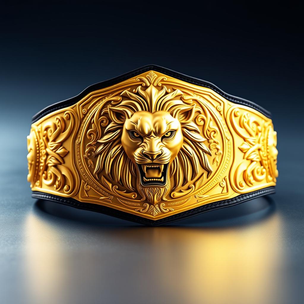 A wrestling championship belt featuring a dynamic lion design, richly colored in gold