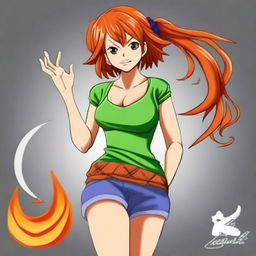 A high-quality digital art piece featuring Nami, a character from One Piece, in a confident and enticing pose