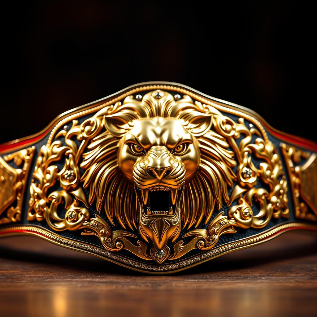 A wrestling championship belt showcasing an aggressive lion motif, dazzling in gold
