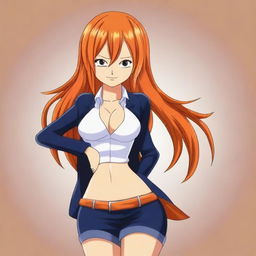 A high-quality digital art piece featuring Nami, a character from One Piece, in a confident and enticing pose