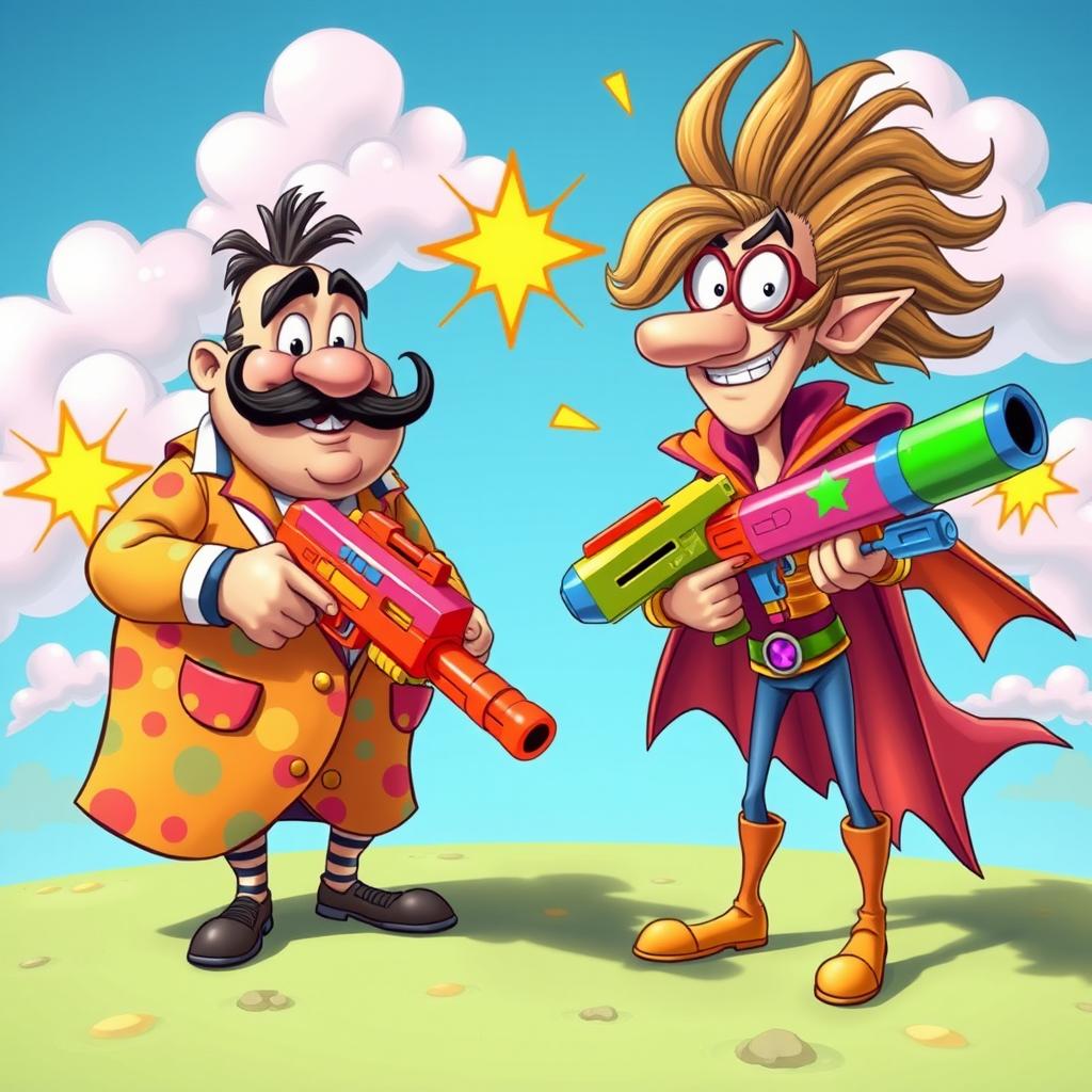 Two humorous cartoonish characters engaged in a light-hearted duel, each holding oversized, colorful toy guns