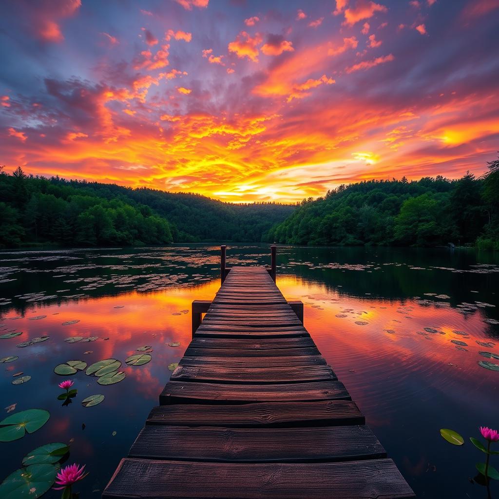 A visually stunning image of a sunset over a tranquil lake, surrounded by lush green forests