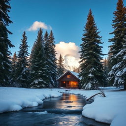 A serene winter landscape featuring a cozy wooden cabin nestled amidst tall evergreen trees covered in snow, with warm golden light emanating from the cabin's windows